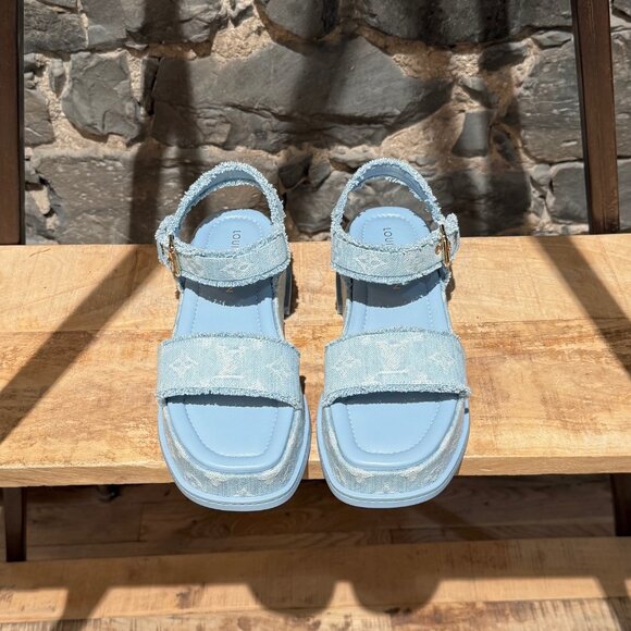 Louis Vuitton Light Blue Denim Monogram Maya Platform Sandals - Picture 3 of 11